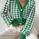 Essnce cardigan casual de mujer con botones y mangas de farol, dobladillo ancho y estampado de pata de gallo