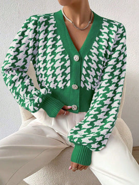Essnce cardigan casual de mujer con botones y mangas de farol, dobladillo ancho y estampado de pata de gallo