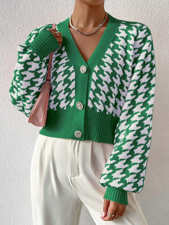 Essnce cardigan casual de mujer con botones y mangas de farol, dobladillo ancho y estampado de pata de gallo