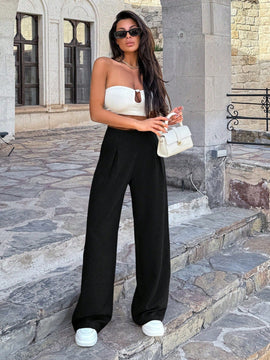 Pantalones anchos de lino solido para mujer