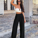 Pantalones anchos de lino solido para mujer
