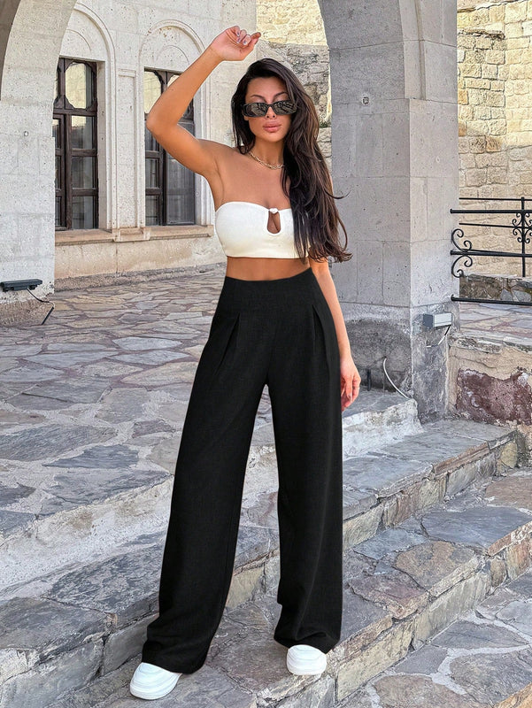 Pantalones anchos de lino solido para mujer