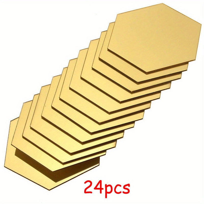 24 piezas de espejos hexagonales adhesivos, mosaicos dorados autoadhesivos, calcomanías para pared, decoración para el hogar, dormitorio, sala de estar, baño, DIY