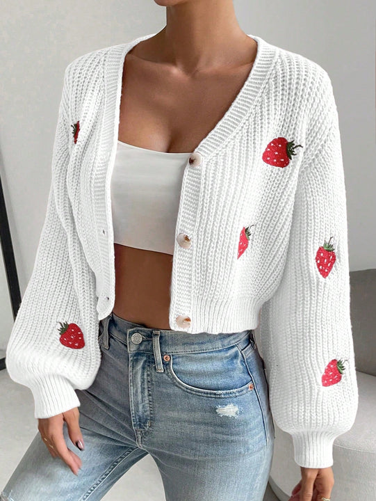 Moosta cardigan holgado de mujer con mangas farol, hombros caidos y bordado de fresa de estilo casual