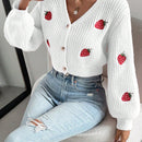 Moosta cardigan holgado de mujer con mangas farol, hombros caidos y bordado de fresa de estilo casual