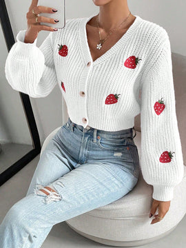 Moosta cardigan holgado de mujer con mangas farol, hombros caidos y bordado de fresa de estilo casual