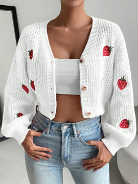 Moosta cardigan holgado de mujer con mangas farol, hombros caidos y bordado de fresa de estilo casual