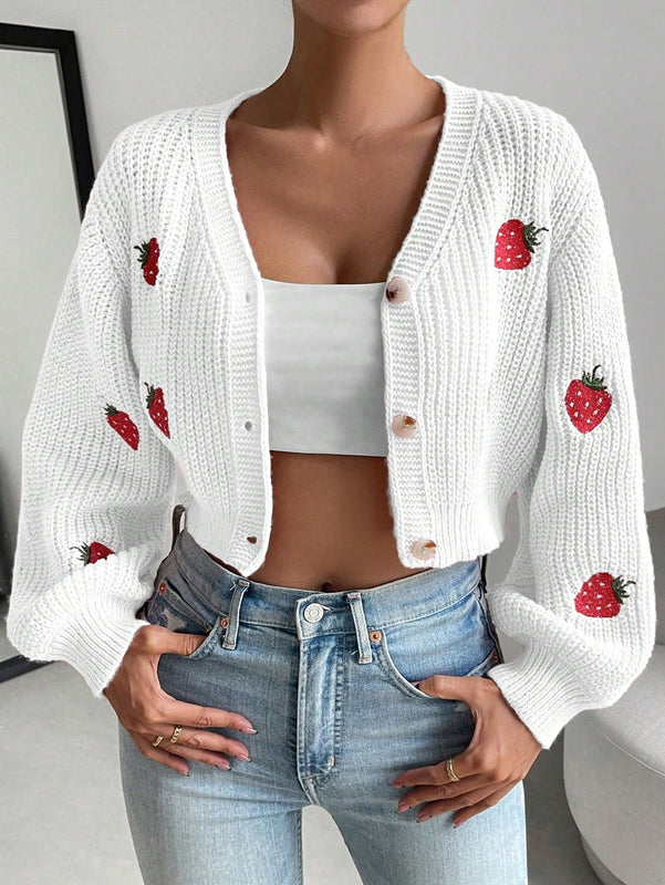 Moosta cardigan holgado de mujer con mangas farol, hombros caidos y bordado de fresa de estilo casual