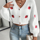 Moosta cardigan holgado de mujer con mangas farol, hombros caidos y bordado de fresa de estilo casual