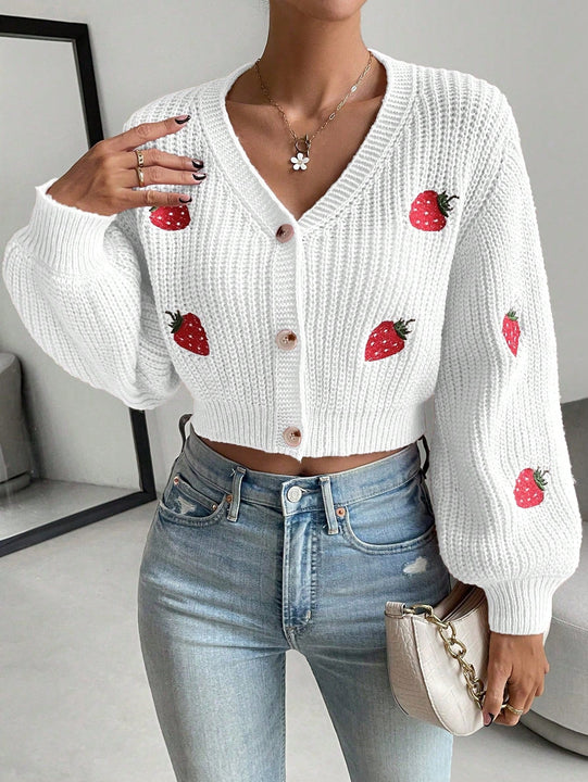 Moosta cardigan holgado de mujer con mangas farol, hombros caidos y bordado de fresa de estilo casual