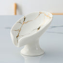 Soporte para Jabón de Cerámica de 1 Pieza - Diseño con Efecto Mármol en Forma de V y Agujeros de Drenaje, Organizador Blanco y Dorado para Encimera de Baño para Almacenamiento en la Ducha y el Lavabo