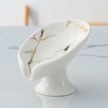 Soporte para Jabón de Cerámica de 1 Pieza - Diseño con Efecto Mármol en Forma de V y Agujeros de Drenaje, Organizador Blanco y Dorado para Encimera de Baño para Almacenamiento en la Ducha y el Lavabo