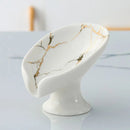 Soporte para Jabón de Cerámica de 1 Pieza - Diseño con Efecto Mármol en Forma de V y Agujeros de Drenaje, Organizador Blanco y Dorado para Encimera de Baño para Almacenamiento en la Ducha y el Lavabo