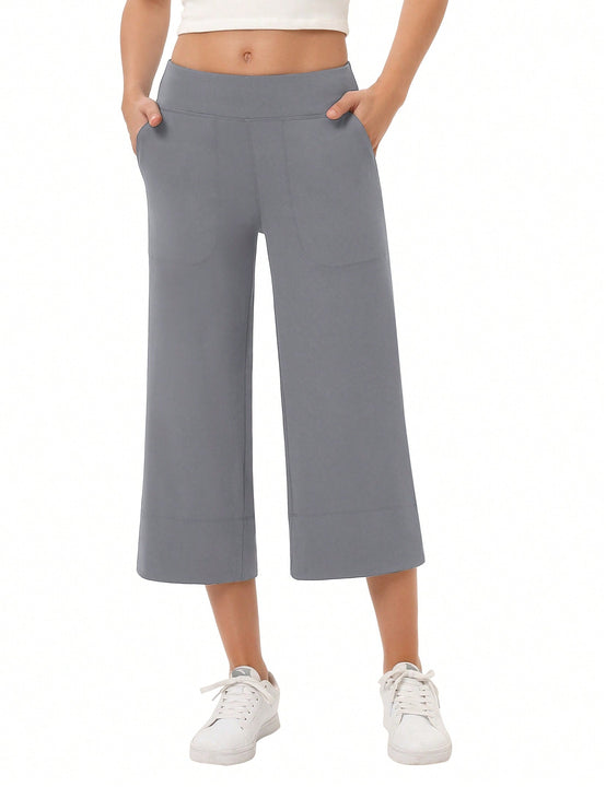 Yesfashion pantalones capri de pierna ancha para mujeres, de corte holgado, para yoga y ocio, con cintura elastica, a la altura de los tobillos y con bolsillos
