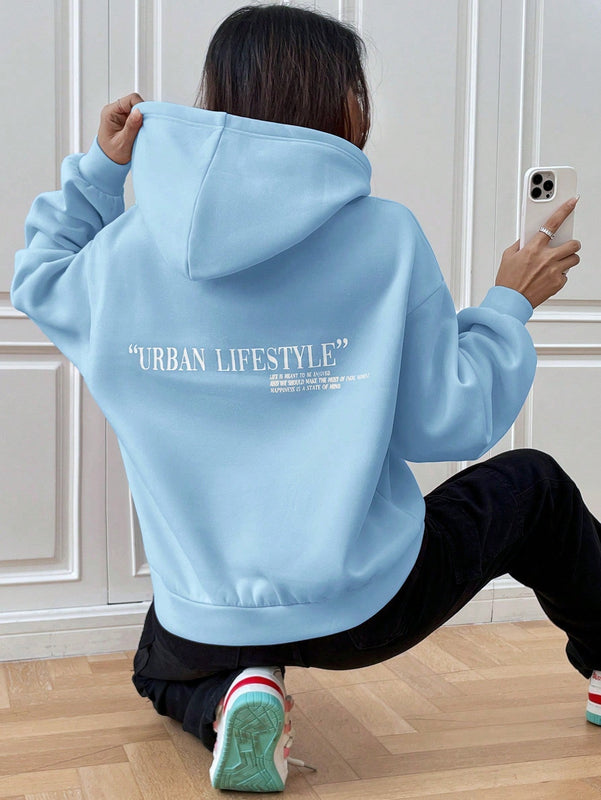 Ezwear sudadera con capucha de manga larga de unicolor con estampado de letra, uso casual diario