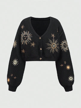 Romwe fairycore sueter tipo cardigan de mujer con bordado de sol y luna en estilo misterioso de bruja para navidad