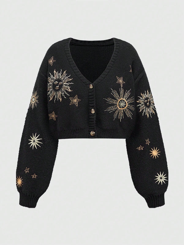 Romwe fairycore sueter tipo cardigan de mujer con bordado de sol y luna en estilo misterioso de bruja para navidad
