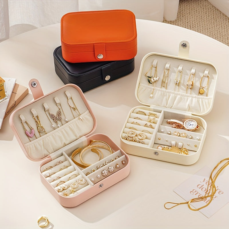 1pc Estuche de joyería clásico de cuero sintético, estuche de viaje portátil, forrado de cuero sintético, con exhibición ajustable y extraíble, para collares, anillos, pendientes, ideal regalo para el Día de la Madre, Estuches de joyería