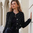 Prive elegante cardigan de punto con cuello en v, estampado de argyle de strass y apariencia de piel de vison sintetica para mujeres