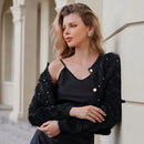 Prive elegante cardigan de punto con cuello en v, estampado de argyle de strass y apariencia de piel de vison sintetica para mujeres