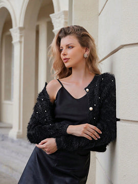 Prive elegante cardigan de punto con cuello en v, estampado de argyle de strass y apariencia de piel de vison sintetica para mujeres