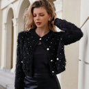 Prive elegante cardigan de punto con cuello en v, estampado de argyle de strass y apariencia de piel de vison sintetica para mujeres
