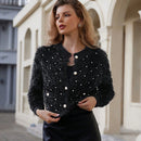 Prive elegante cardigan de punto con cuello en v, estampado de argyle de strass y apariencia de piel de vison sintetica para mujeres