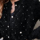 Prive elegante cardigan de punto con cuello en v, estampado de argyle de strass y apariencia de piel de vison sintetica para mujeres