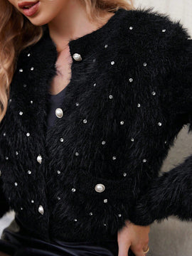 Prive elegante cardigan de punto con cuello en v, estampado de argyle de strass y apariencia de piel de vison sintetica para mujeres
