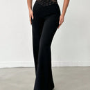 Tejido de lycra punto suelto negro, pantalon ancho cinturon elastico raya semitransparente y cintura en forma de v