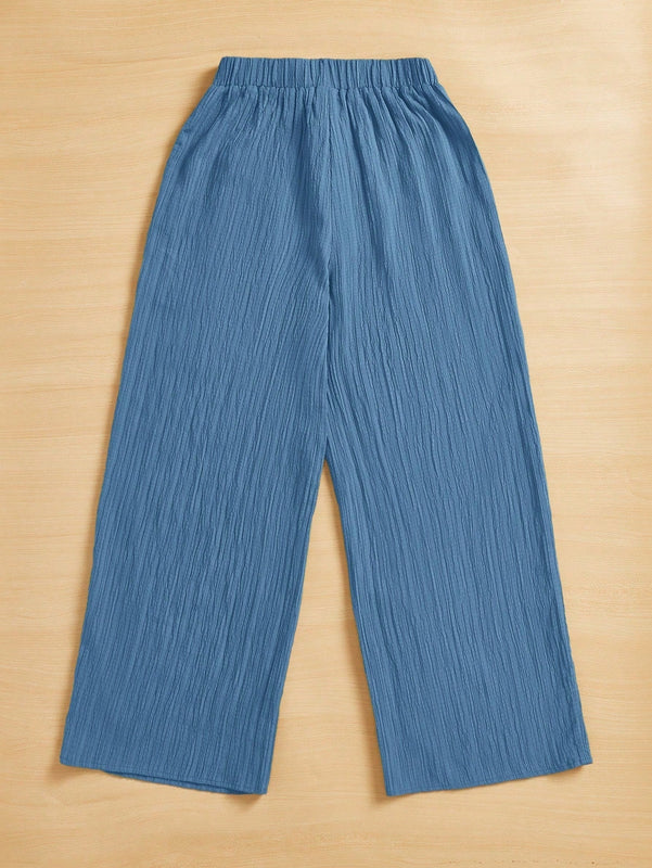 Essnce pantalones casuales de pernera ancha de 7/8 con textura y cintura anudada de unicolor para mujer