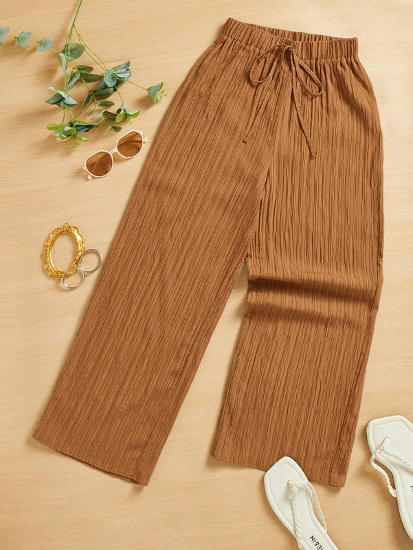 Essnce pantalones casuales de pernera ancha de 7/8 con textura y cintura anudada de unicolor para mujer