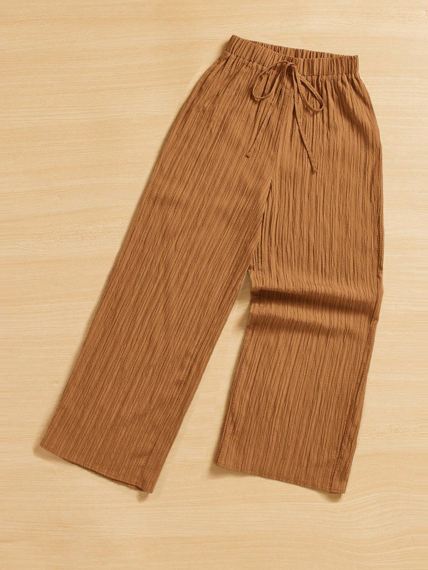 Essnce pantalones casuales de pernera ancha de 7/8 con textura y cintura anudada de unicolor para mujer