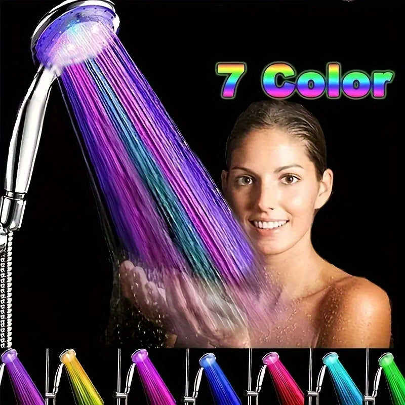 Cabezal de ducha LED portátil con 7 colores cambiantes, acabado pulido, material plástico, conexión bayoneta, funciona con agua, sin pilas