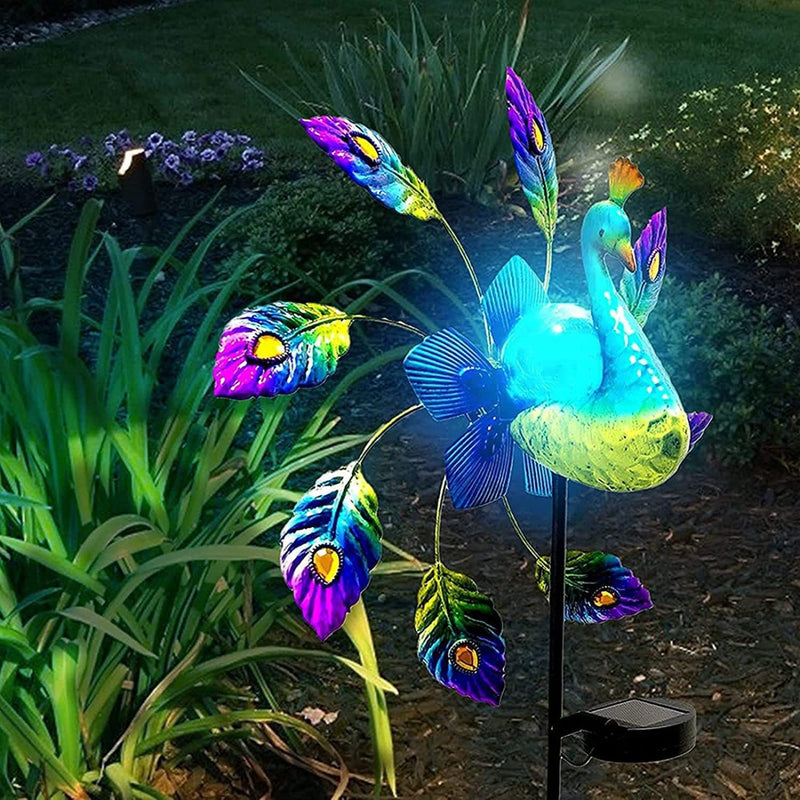 Lámpara Solar de Pavo Real de Hierro, Lámpara de Molino de Viento, Decoración de Jardín Lámpara de Pavo Real, Lámpara con Enchufe de Tierra, 2 Funciones, Lámpara de Molino de Viento Giratoria