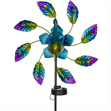 Lámpara Solar de Pavo Real de Hierro, Lámpara de Molino de Viento, Decoración de Jardín Lámpara de Pavo Real, Lámpara con Enchufe de Tierra, 2 Funciones, Lámpara de Molino de Viento Giratoria