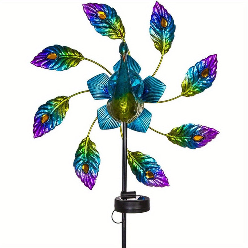 Lámpara Solar de Pavo Real de Hierro, Lámpara de Molino de Viento, Decoración de Jardín Lámpara de Pavo Real, Lámpara con Enchufe de Tierra, 2 Funciones, Lámpara de Molino de Viento Giratoria