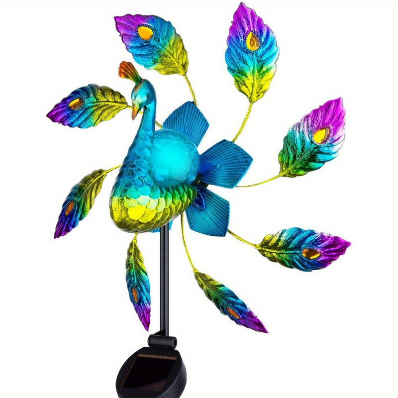 Lámpara Solar de Pavo Real de Hierro, Lámpara de Molino de Viento, Decoración de Jardín Lámpara de Pavo Real, Lámpara con Enchufe de Tierra, 2 Funciones, Lámpara de Molino de Viento Giratoria