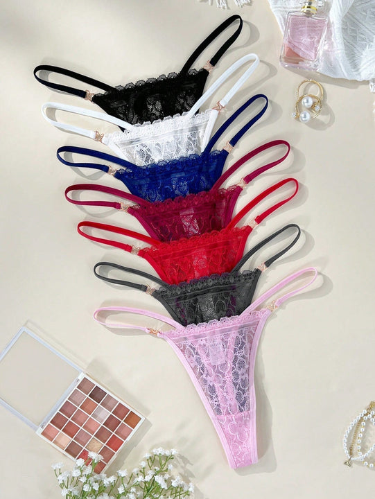 7 piezas/set elegante tanga de encaje de cintura baja, atractivo y elegante
