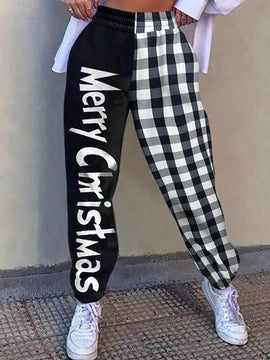 Pantalones deportivos casuales y versatiles para mujer con estampado de retazos y cordon en la cintura