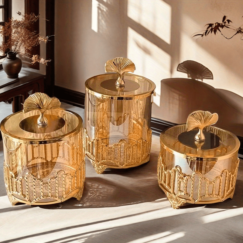 Juego de 3 piezas de frascos de vidrio dorado estilo europeo, contenedores decorativos para frutas secas con tapas, elegante decoración de sala de estar, material de vidrio, no requiere electricidad, frasco de frutas.