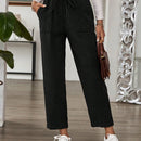 Emery rose pantalones largos casuales rectos y sueltos con cintura elastica, bolsillos y estampado de tenido anudado para mujer