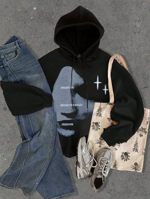 Ezwear sudadera con capucha informal con estampado de paisaje y letras oversize para otono e invierno