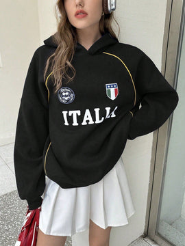 Ezwear sudadera holgada con capucha de estilo deportivo minimalista casual con patron de letra de mexico, para mujer, otono/invierno