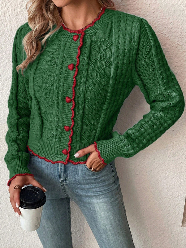 Franclia cardigan casual de mujer con borde de concha de color contrastante, para otono