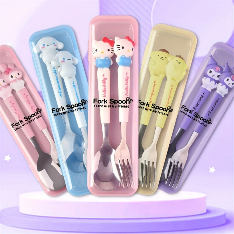 Juego de cubiertos Sanrio con tenedor y cuchara de Hello Kitty, en caja, ideal para familias, residencias, campamentos y picnics, con diseño adorable