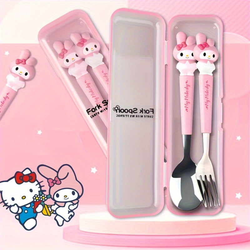 Juego de cubiertos Sanrio con tenedor y cuchara de Hello Kitty, en caja, ideal para familias, residencias, campamentos y picnics, con diseño adorable