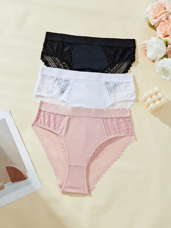 3 piezas/conjunto de bragas de cintura media con encaje