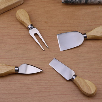 Juego de 4 cuchillos para queso de acero inoxidable con mangos de roble, utensilios para servir pizza de queso, vajilla de cocina y comedor, caja de regalo incluida.
