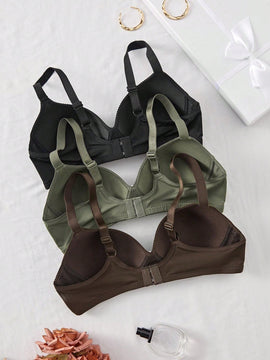 3 piezas sujetador inalambrico comodo de copa blanda, de colores, solido, ropa interior para mujer